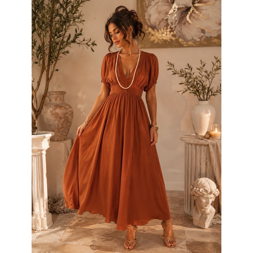 Anthropologie  Grecian Maxi Dress Sleeveless Pleated Button Detail